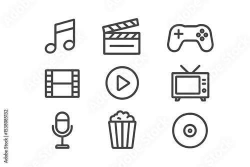 Collection of entertainment icons showcasing music, film, and gaming elements in a simple design