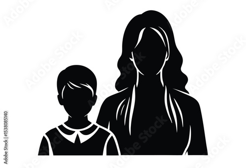 Mother and Son Silhouette Vector Illustration Icon, Simple Flat Design Family Love Concept