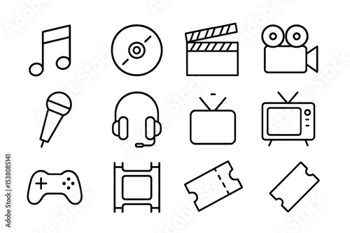 Variety of entertainment symbols showcasing music, film, and gaming elements in a clean, minimalist style