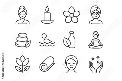 Wellness icons representing relaxation, self-care, and tranquility in a minimalist design for wellness activities