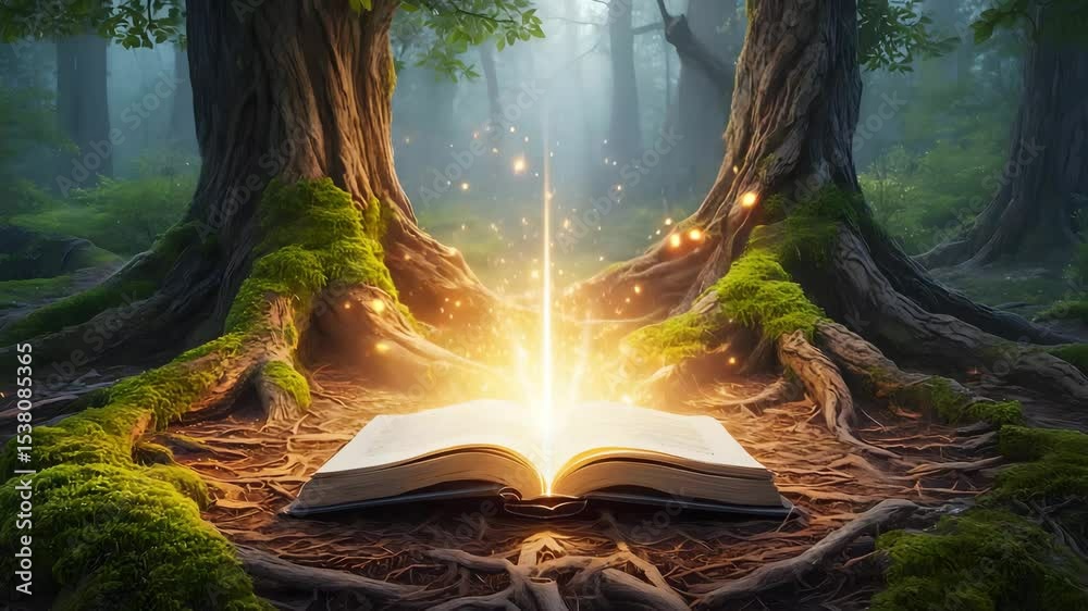 Open book emitting light in a misty forest surrounded by mossy roots and tall trees view. Enchanted forest with glowing book. Mystical woodland scene with magical light