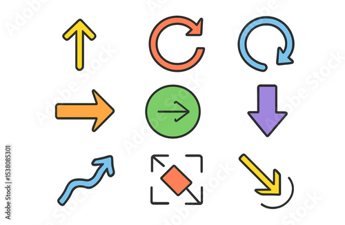 Collection of colorful arrows and directional icons in various shapes and orientations for design purposes