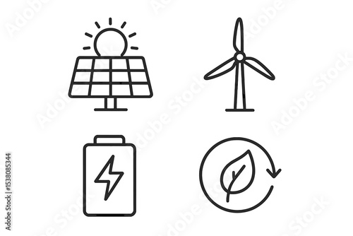 Renewable energy icons representing solar power, wind energy, battery storage, and sustainability concepts for a cleaner future