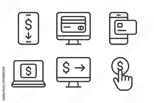 Various digital financial transaction icons illustrating modern payment methods and online banking