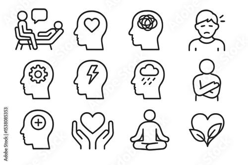 Mental health icons representing various aspects of emotional well-being and therapy practices in a simple design