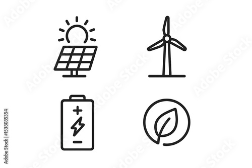 Renewable energy symbols representing solar power, wind power, batteries, and environmental conservation