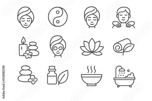 Wellness and relaxation icons featuring spa treatments, meditation, and natural elements arranged creatively