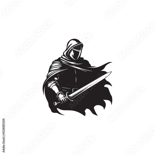 a medieval knight, in a cape that flutters, holding a sword in one hand