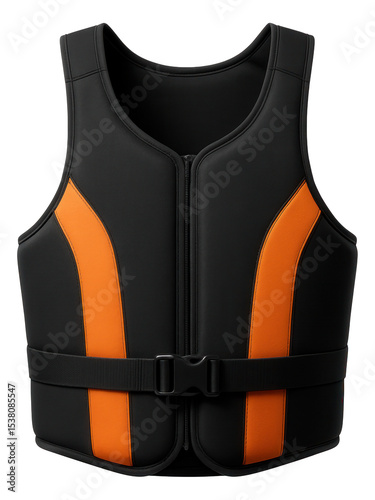 Black and orange buoyancy vest with adjustable strap and zipper closure on transparent background.