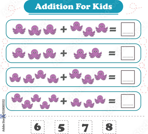 Addition for children. Addition with squid. Worksheets for children. Vector illustration