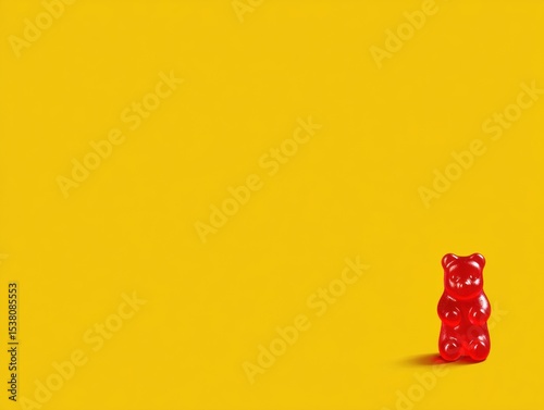 Red teddy bear is standing on a yellow background