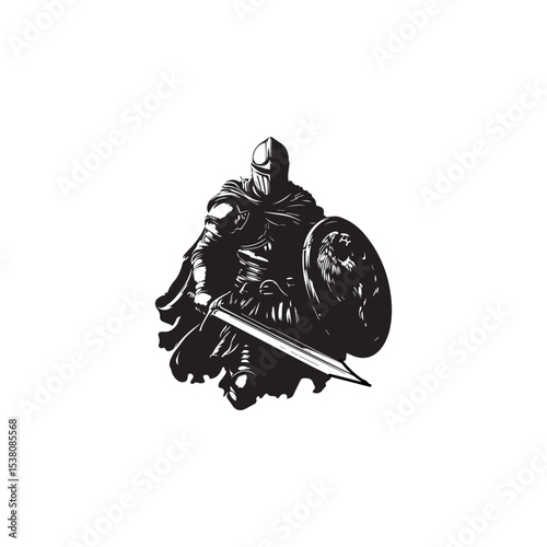 medieval knight stands confidently and holds a shield in one hand and a sword in the other