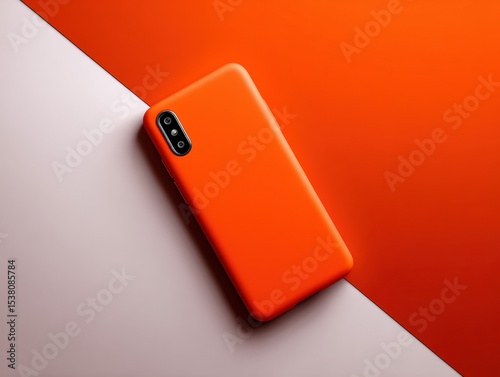Phone with a red case is sitting on a white and pink background