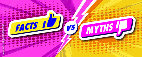 Facts vs myths card 3d style on color halftone background. Fact checking or easy compare evidence. Concept illustration Vector 10 eps