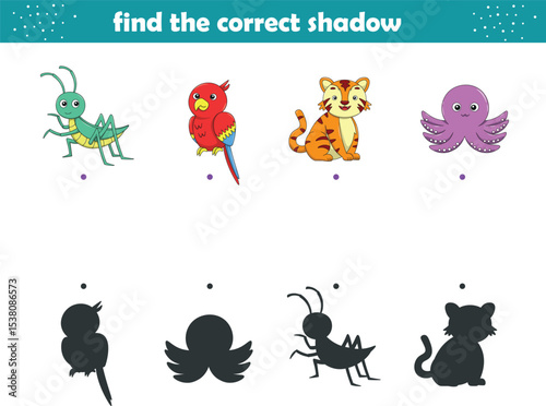 Funny cartoon wild life. Find the correct shadow. Kids Education games. Cartoon vector illustration