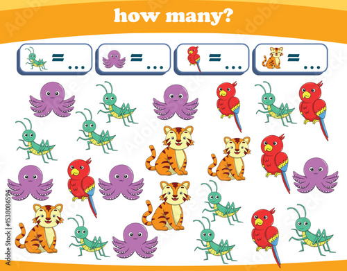 Counting game of wild animals for preschool kids. Printable. Vector Illustration