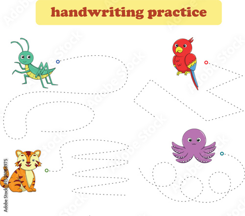 Handwriting Practice. Tracing lines for kids with animals. Vector Illustration