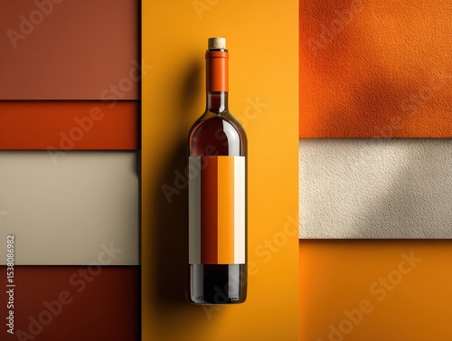 Bottle of wine is displayed on a table with a yellow background