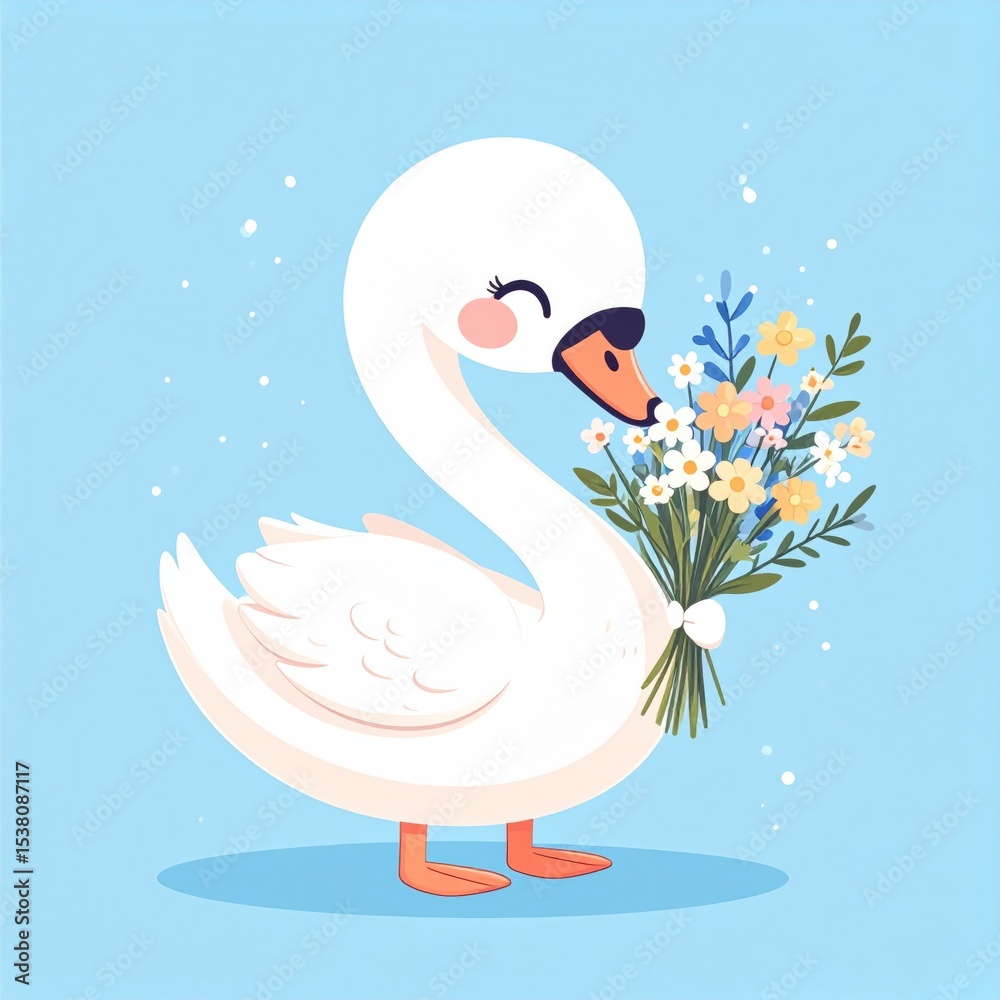 Fototapeta premium A cute white swan with rosy cheeks holds a colorful bouquet of flowers, set against a light blue background.