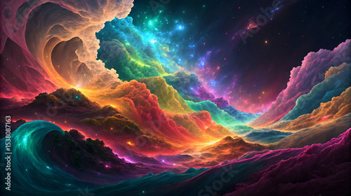 Vibrant Cosmic Landscape Rainbow Cloudscape Nebula Starscape Fantasy Art cosmos space
