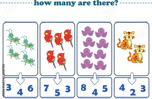 Counting game of wild animals for preschool kids. Printable. Vector Illustration