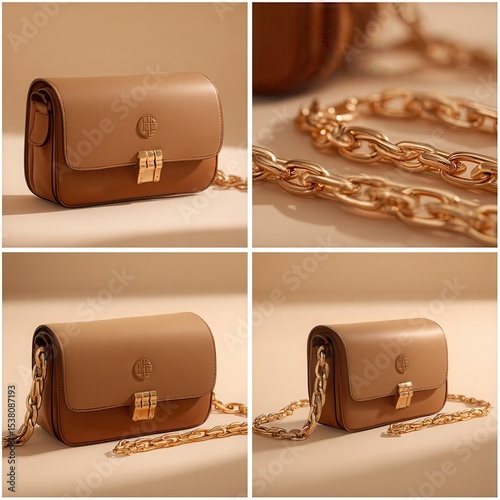 4 views of a leather bag by Loewe with a gold chain, 1 is a detail, beige background, eshop photography.