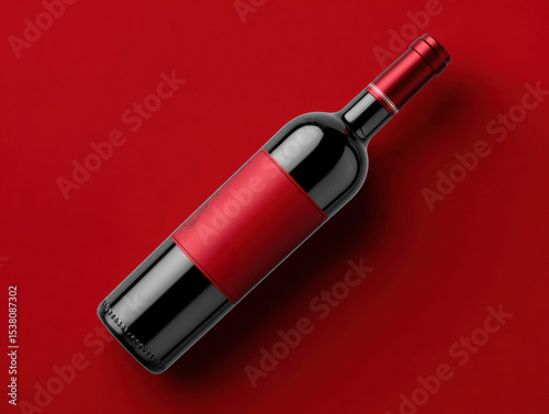 Bottle of red wine with a red label on it