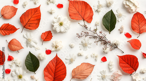 An elegant floral pattern of autumn leaves, blossoms, and roses creates a seamless nature background, transitioning from vibrant ground to snowy illustrations of plants and poppies