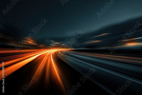 A car is driving on the highway, leaving long light trails behind it, creating an atmosphere of speed and motion. The background features dark tones with subtle orange highlights.