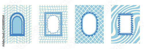 Retro funky blue frames with groovy checkerboard background. Set of fun kid borders with scallop wavy edges. Text boxes and callout templates for invitation. Vector abstract doodles cadres.