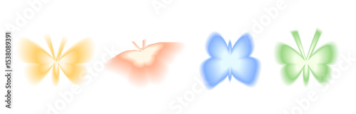 Blur gradient butterfly shape set. Y2k retro flying forms. Colorful butterflies icons on white background. Trendy effect with blurry texture. Vector illustration.