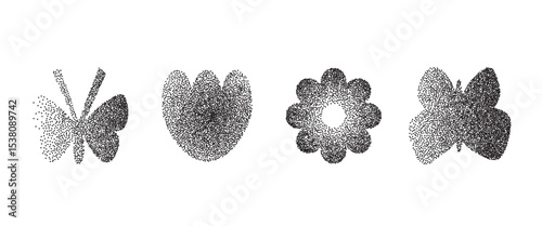 Grain black noise gradient butterflies and flowers shape set. Y2k floral forms. Gritty grunge butterfly, tulip and daisy icons on white background. Vector stippling illustration.