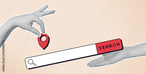 Travel collage with halftone hands with pixel art elements. Human arms palm holding location map pin and search bar. Vector tourism bitmap scrapbook and 8bit mixed media banner illustration.