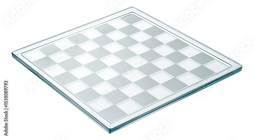 Transparent glass chessboard with alternating frosted and clear squares, viewed from an angle on transparent background.