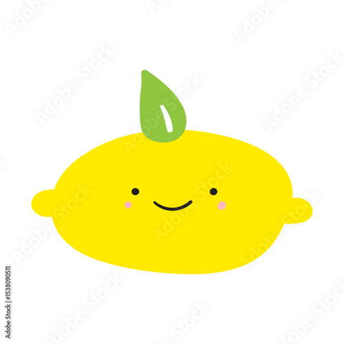 Lemon with little green leaf. Smiling fruit character. Hand drawn illustration on white background.