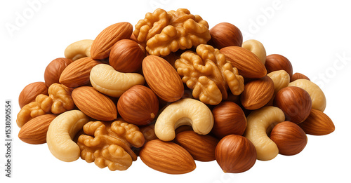 A heap of mixed nuts including walnuts, almonds, cashews, and hazelnuts on transparent background.