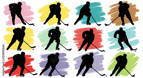 Twelve Silhouettes of Ice Hockey Players in Action
