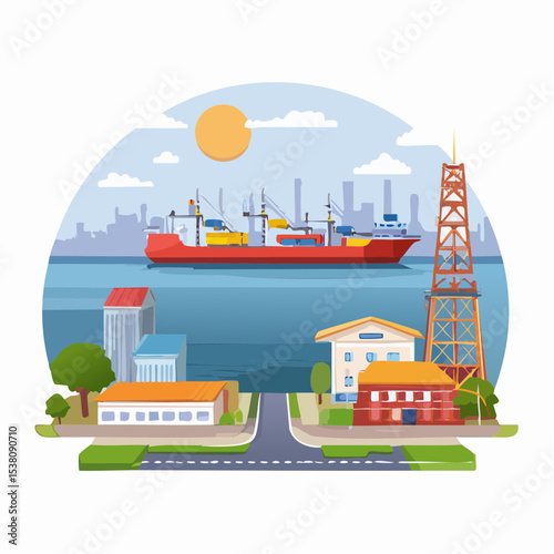 Vibrant Harbor Cityscape Cargo Ship at Dock, Industrial Buildings, and Coastal View
