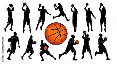 Basketball players silhouettes in various poses with a basketball illustration.