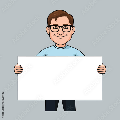 Cartoon Man with Glasses Holding a Blank White Horizontal Sign for Your Custom Message