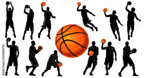 Basketball Players Silhouetted in Action with Orange Basketball