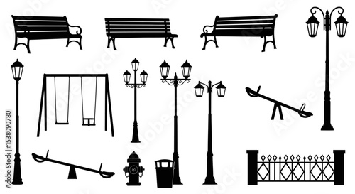 Black Silhouette Set of Urban Park Amenities