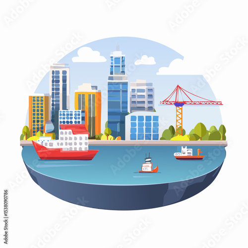 Vibrant Cityscape Harbor View with Modern Architecture and Construction