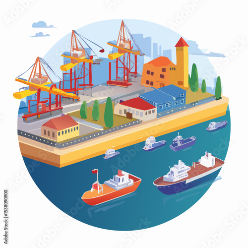 Vibrant Harbor Scene Cargo Ships, Cranes, and Cityscape