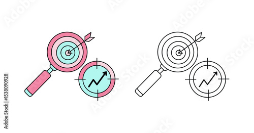 Magnifying glass with target and a separate target with an upward trend line. Ideal for business goals, market research, success metrics, and performance analysis.