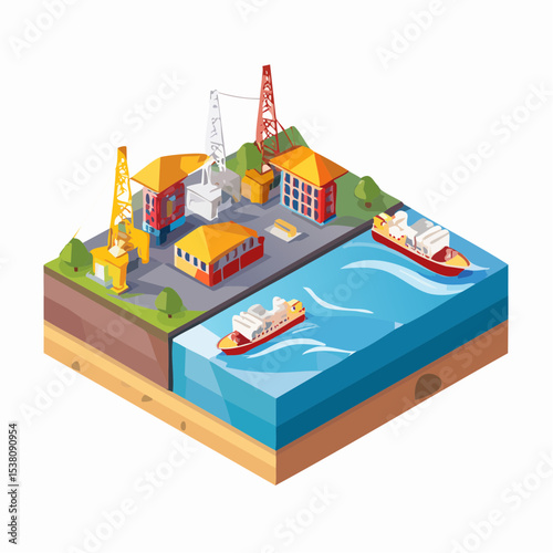 Isometric Illustration of a Busy Harbor with Cargo Ships and Industrial Structures