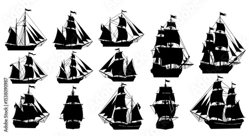 Collection of Black Silhouette Sailing Ships with Various Designs