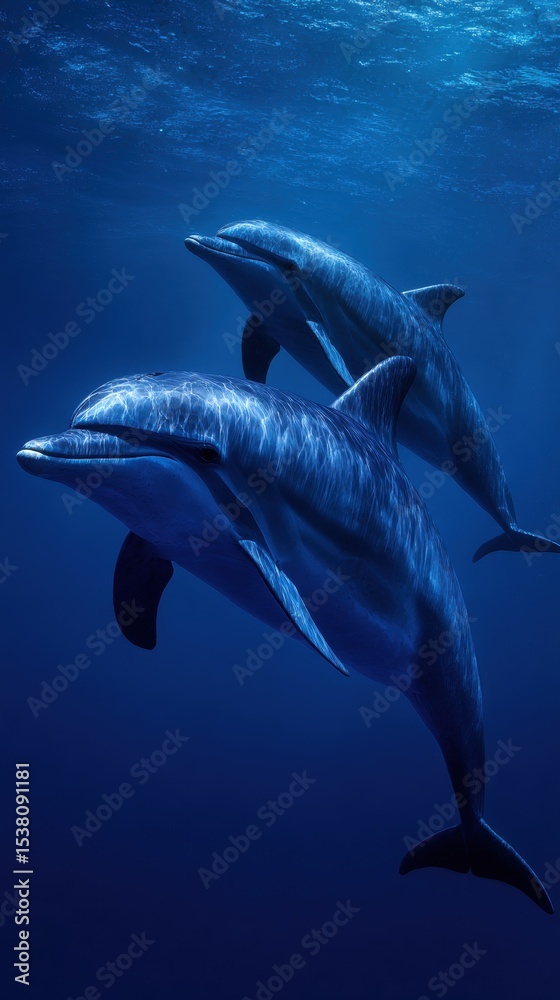 Fototapeta premium Two dolphins gracefully swimming underwater in deep blue ocean