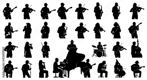 Silhouettes of Musicians Playing Various Instruments