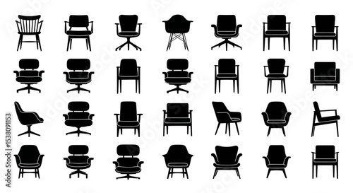 Collection of Various Chair Silhouettes in Black on a Transparent Background